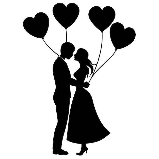 Vector a silhouette of a couple holding balloons with hearts in the background