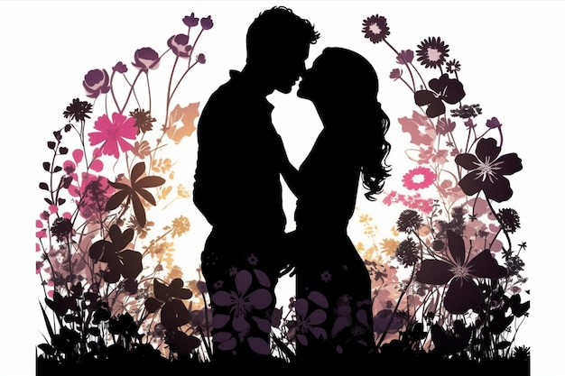 Silhouette Couple Kissing Floral