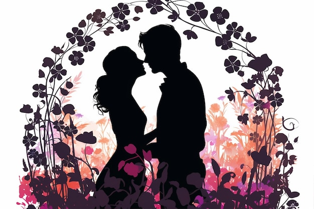 Silhouette Couple Kissing Floral