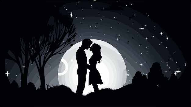 Vector a silhouette of a couple kissing under a full moon