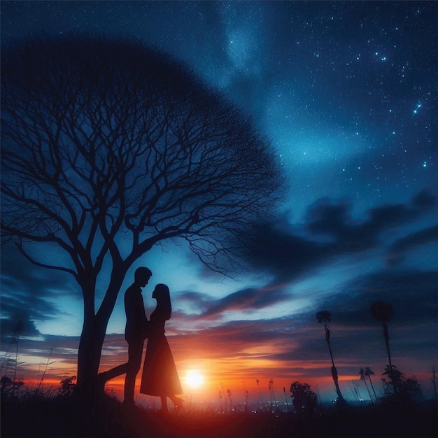 Vector silhouette of couple in night tree 2 side on sunset background