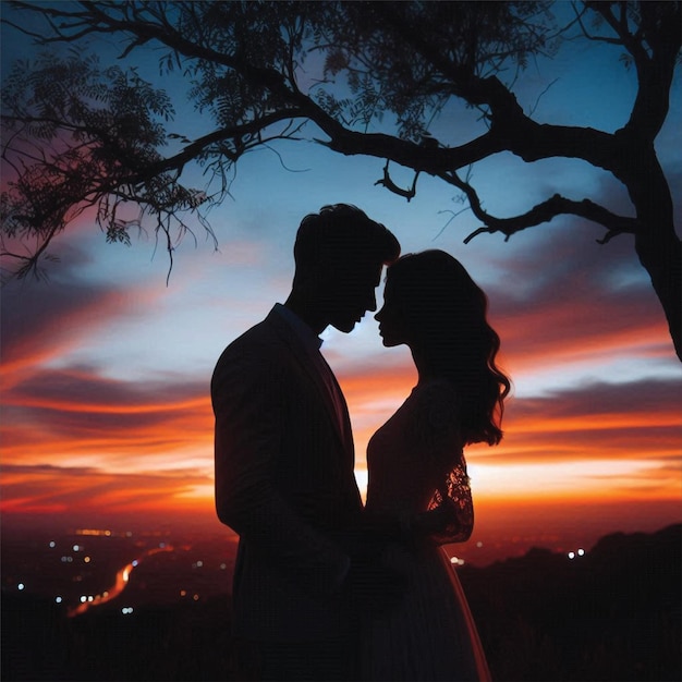 Vector silhouette of couple in night tree 2 side on sunset background