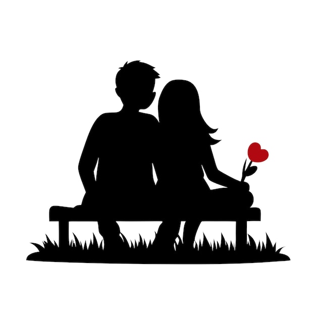 Vector a silhouette of a couple sitting on a bench with a heart in the grass