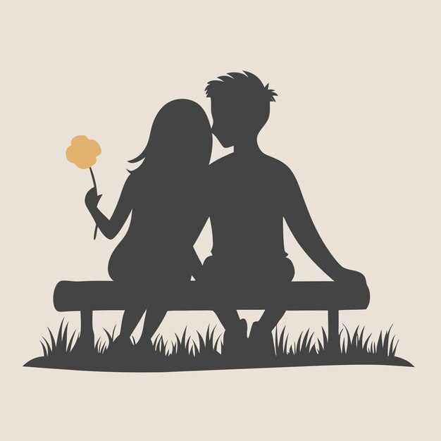 Vector a silhouette of a couple sitting on a bench with a yellow flower