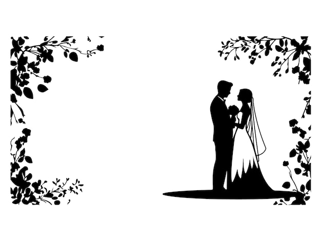 Vector a silhouette of a couple and a tree with the words  bride and groom