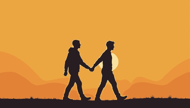 Vector silhouette of a couple walking hand in hand at sunset