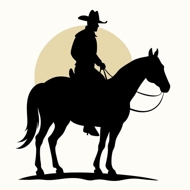 Vector a silhouette of a cowboy on a horse with a yellow sun behind him