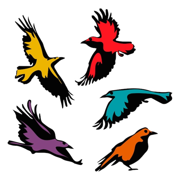 Silhouette of a crow in various poses flying standing sitting vector illustration black Halloween