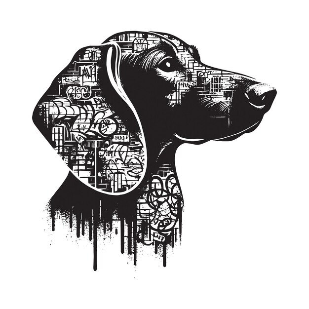 Vector silhouette of dachshund filled with graffiti street wall in rough drawing