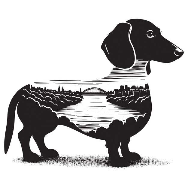 Vector silhouette of dachshund filled with river view in rough drawing