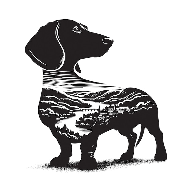 Vector silhouette of dachshund filled with river view in rough drawing