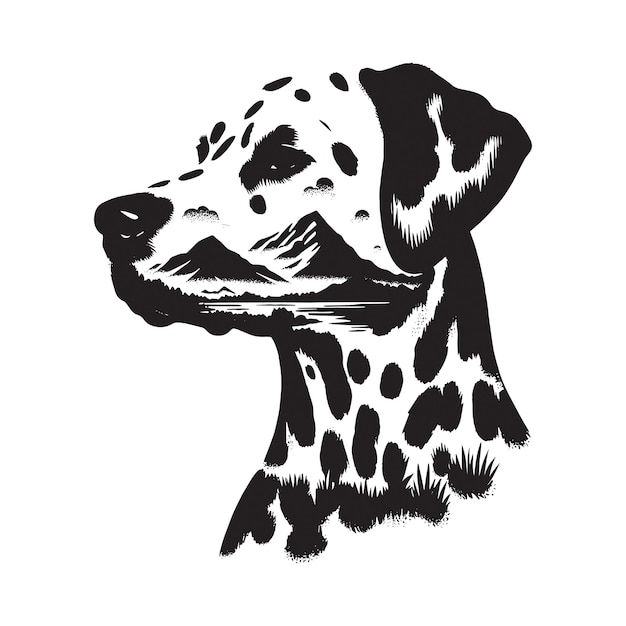 Vector silhouette of dalmatian filled with mountain and nature view in rough drawing