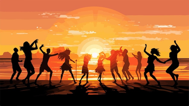 Vector silhouette of dancers on beach at sunset