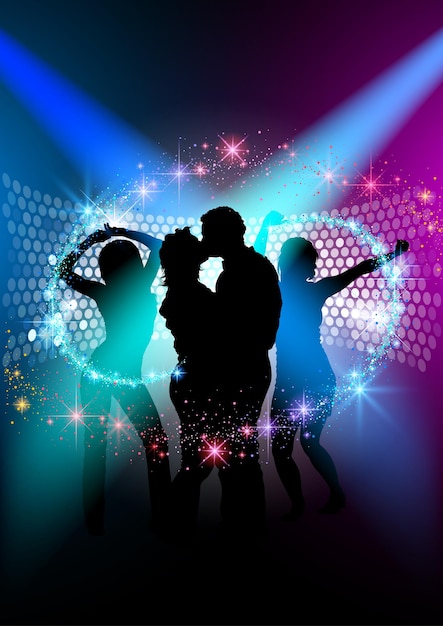 Silhouette of Dancing Crowd and Kissing Couple on Dance Floor in Colorful Light Rays