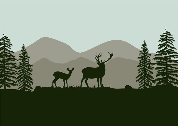 Vector silhouette of deer in the forest. vector illustration in flat style