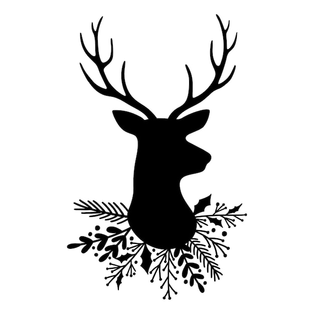 Silhouette of deer head and antlers and wreath of leaves Christmas reindeer Vector illustration