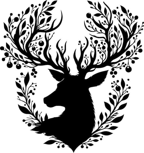 Silhouette of deer head with branches of berries around large fantasy horns isolated