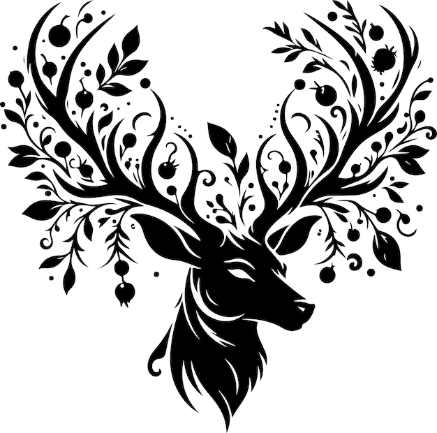 Silhouette of deer head with branches of berries around large fantasy horns isolated