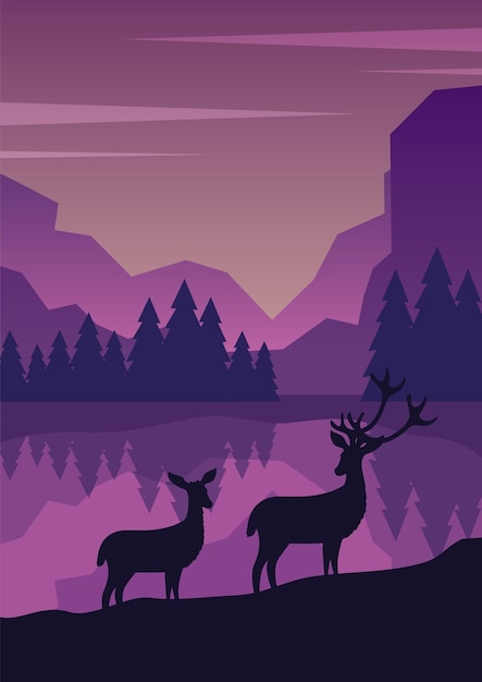 Vector silhouette of deer standing on the hill in night valley magical misty illustration