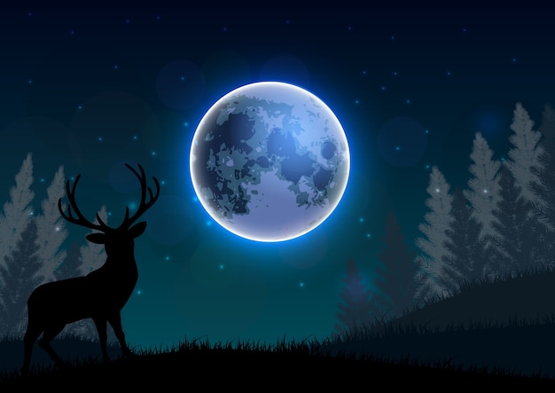 Silhouette of a deer standing on a hill at night