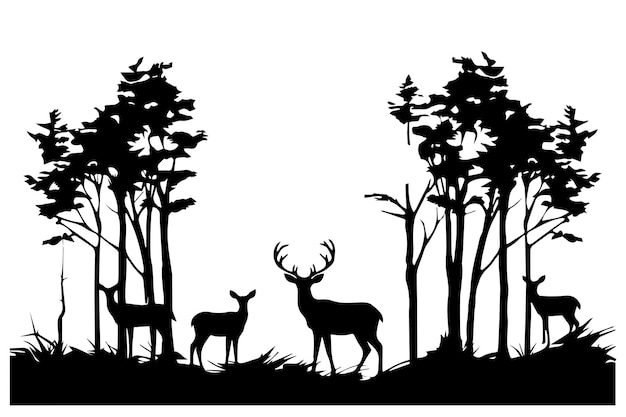 Vector silhouette of deer and trees in forrest on white background