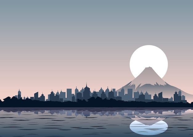 Silhouette design of background of fuji mount and cityscapevector illustration