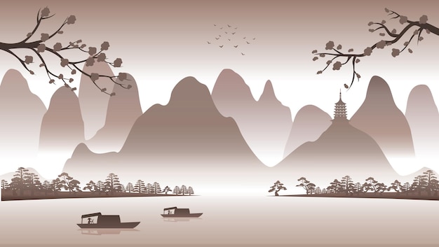 Vector silhouette design of china nature scenery with computer art