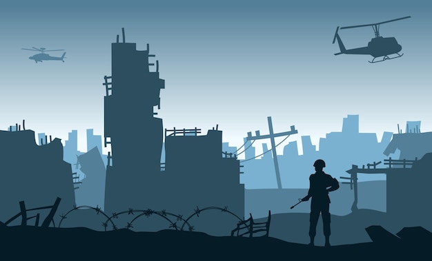 Silhouette design of soldier standing and hold gun in the city after of the war,vector illustration