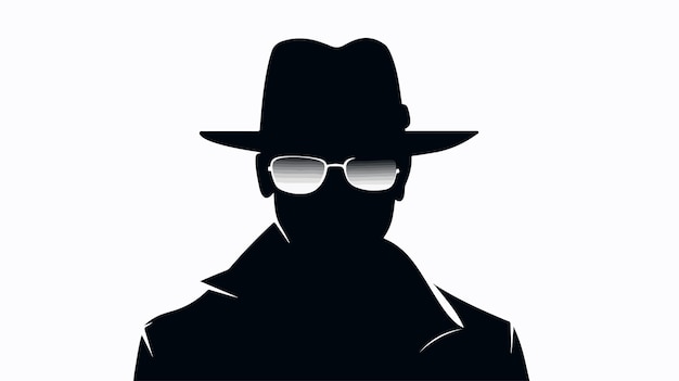 Vector silhouette of detective man in hat and glasses isolated with car background