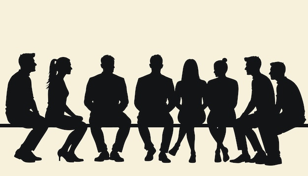 Silhouette of a diverse group of people sitting in a row on a bench