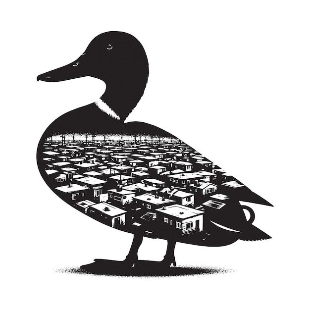 Vector silhouette of duck filled with ghetto street in rough drawing