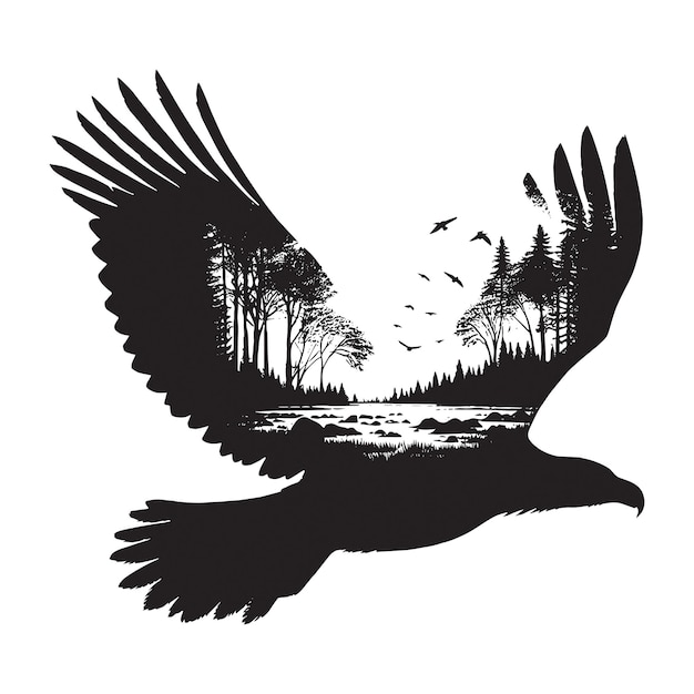 Vector silhouette of eagle filled with nature view in rough drawing