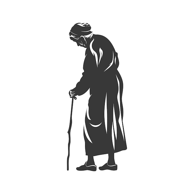 Vector silhouette of an elderly woman walking with a cane