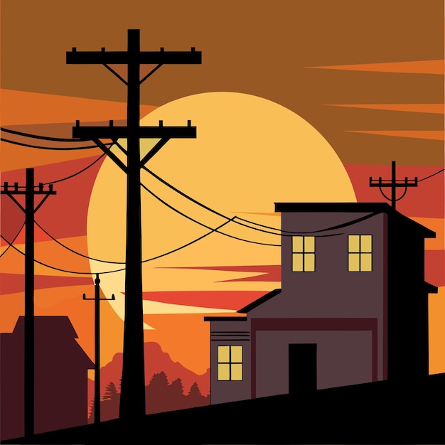 Silhouette of Electric Pole with Townhome at Sunset