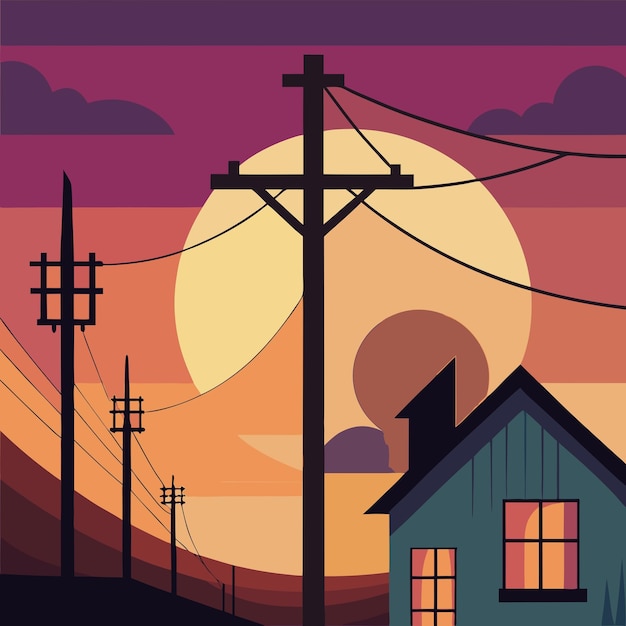 Silhouette of Electric Pole with Townhome at Sunset