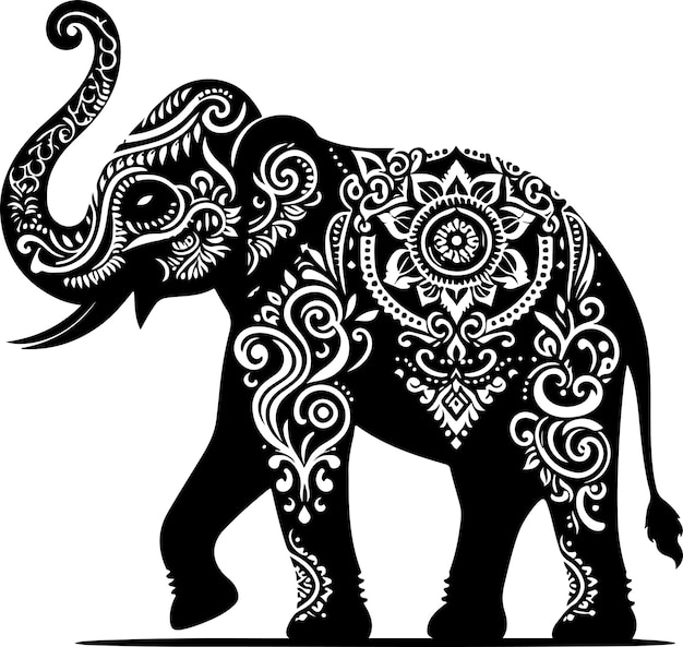 Silhouette of an elephant with patterns in ancient traditional s Stock Vectorvector black color sil