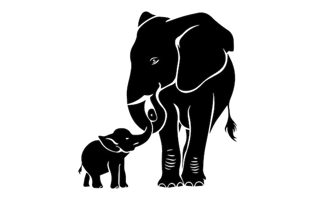 Silhouette elephants family on white background