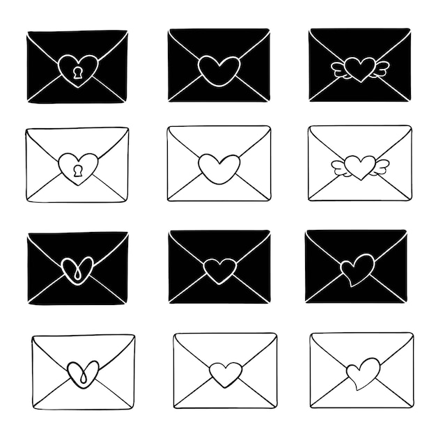 Silhouette envelope doodle icon Hand drawn black sketch Sign symbol Decoration element White background Isolated Flat design Vector illustration