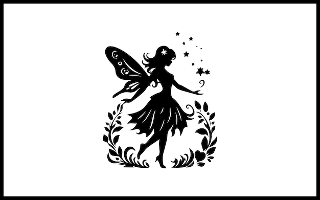 Vector silhouette of a fairy with a butterfly and a flower gen fairy with a flower in her hand