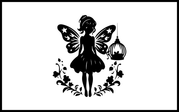 Vector silhouette of a fairy with a butterfly and a flower gen fairy with a flower in her hand