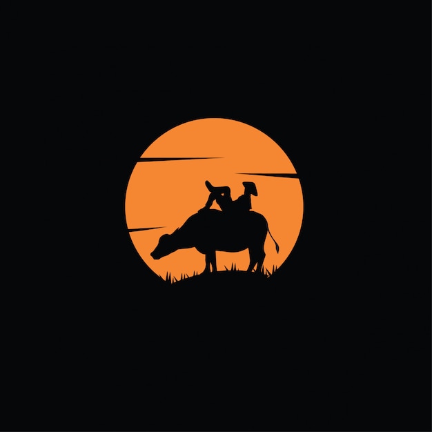 Silhouette of farmer riding buffalo