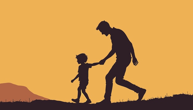 Silhouette of father and child holding hands at sunset