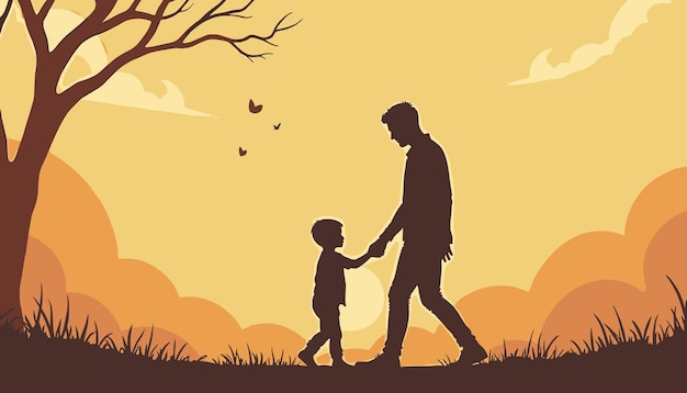 Silhouette of a father and child holding hands under a tree at sunset