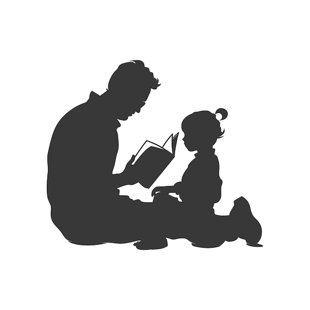 Silhouette father reading a book to child full body black color only