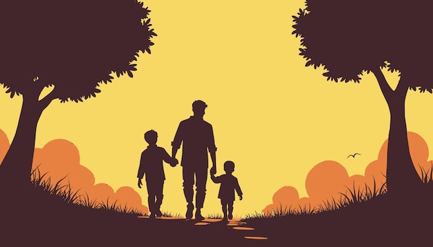 Silhouette of a father walking with his two children at sunset in a scenic landscape