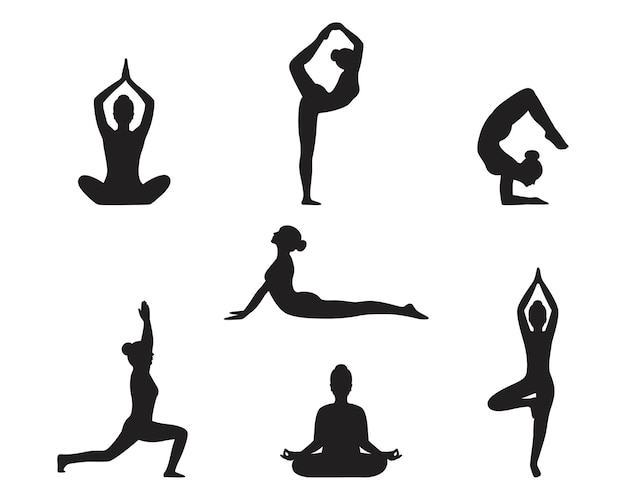 Silhouette of females in various yoga postures.