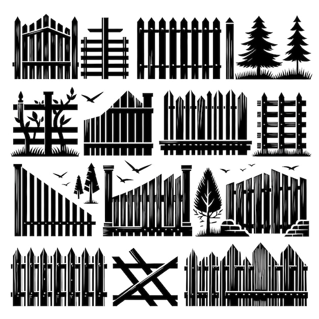 Silhouette fence set Four isolated timber fences Flower bed border Simple black and white village