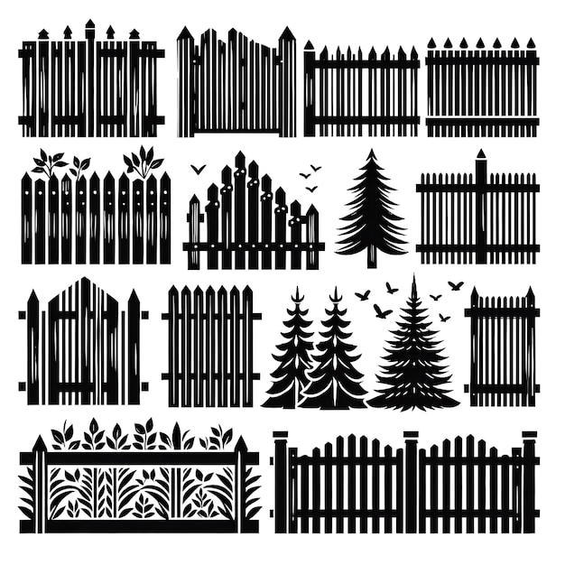 Silhouette fence set Four isolated timber fences Flower bed border Simple black and white village