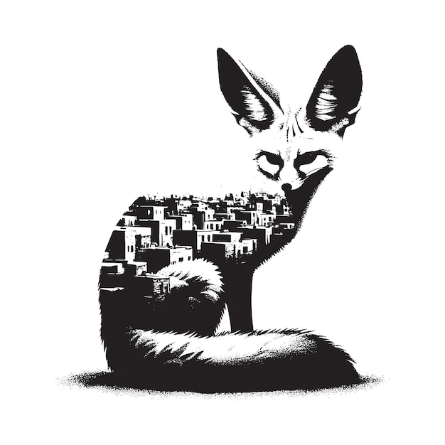 Vector silhouette of fennec fox filled with graffiti street wall in rough drawing