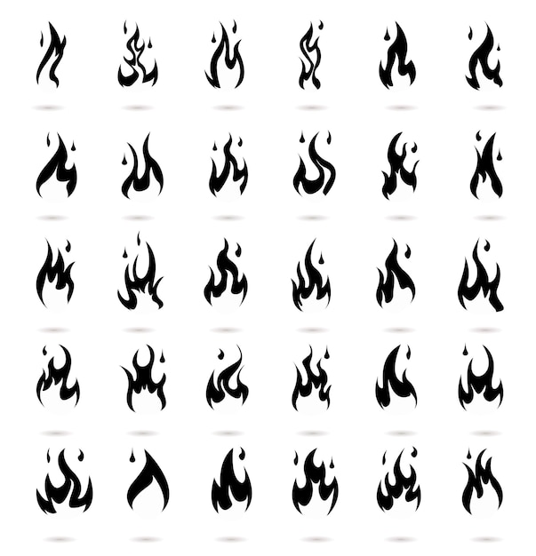 Silhouette fire flame logo, black color icons vector illustration isolated on white background.